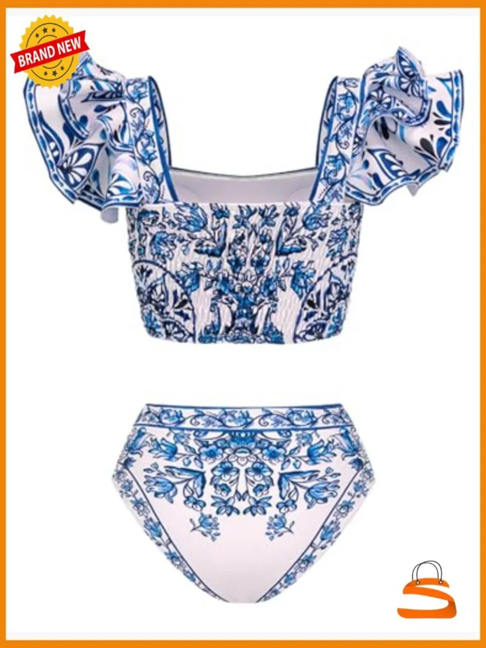 Large Ruffle Bikini Set with Sarong, Polyester Spandex, V-Neck Off Shoulder
